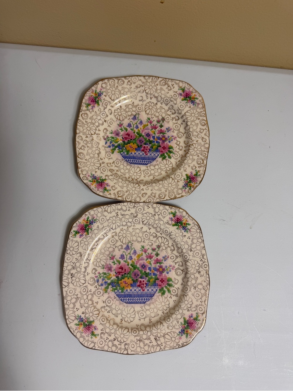 1930s Vintage H&K Tunstall "Old English Needlepoint" Square Plates - Set of 2